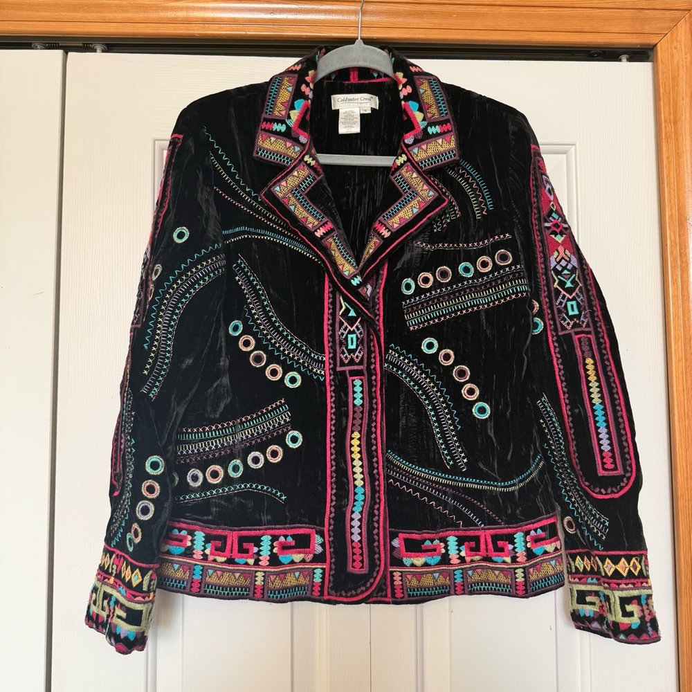 Coldwater Creek Vintage Black Embroidered Boho‎ Multicolor Velvet Artsy Jacket